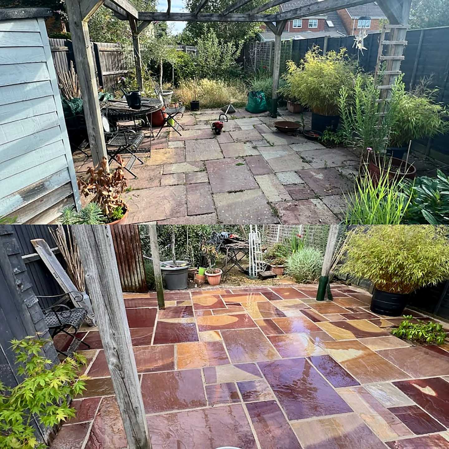 Patio before and after professional cleaning by Mr Pressure Clean Exterior Solutions